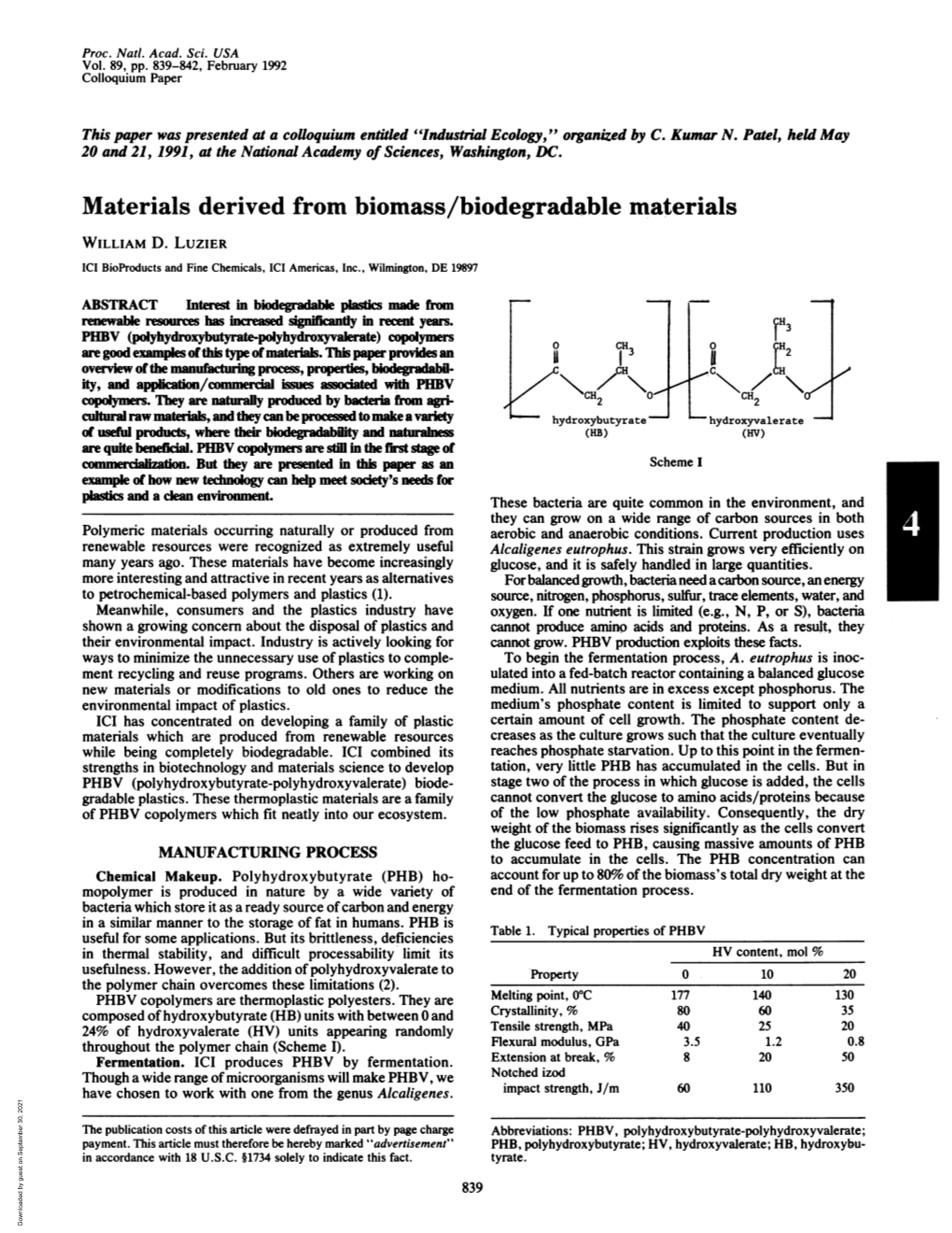 Materials Derived from Biomass/Biodegradable Materials WILLIAM D