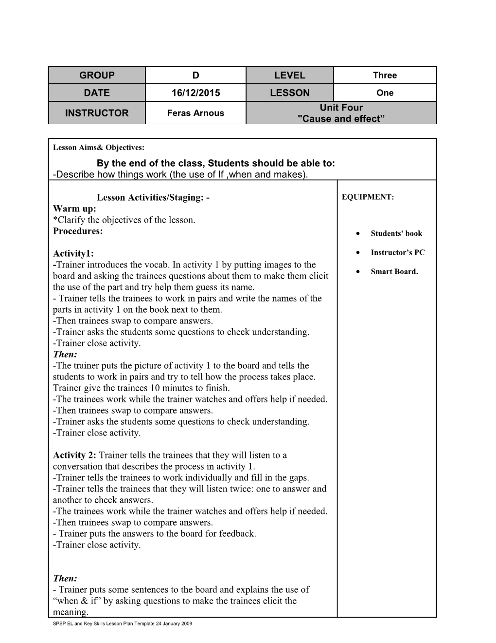 SPSP EL and Key Skills Lesson Plan Template 24 January 2009