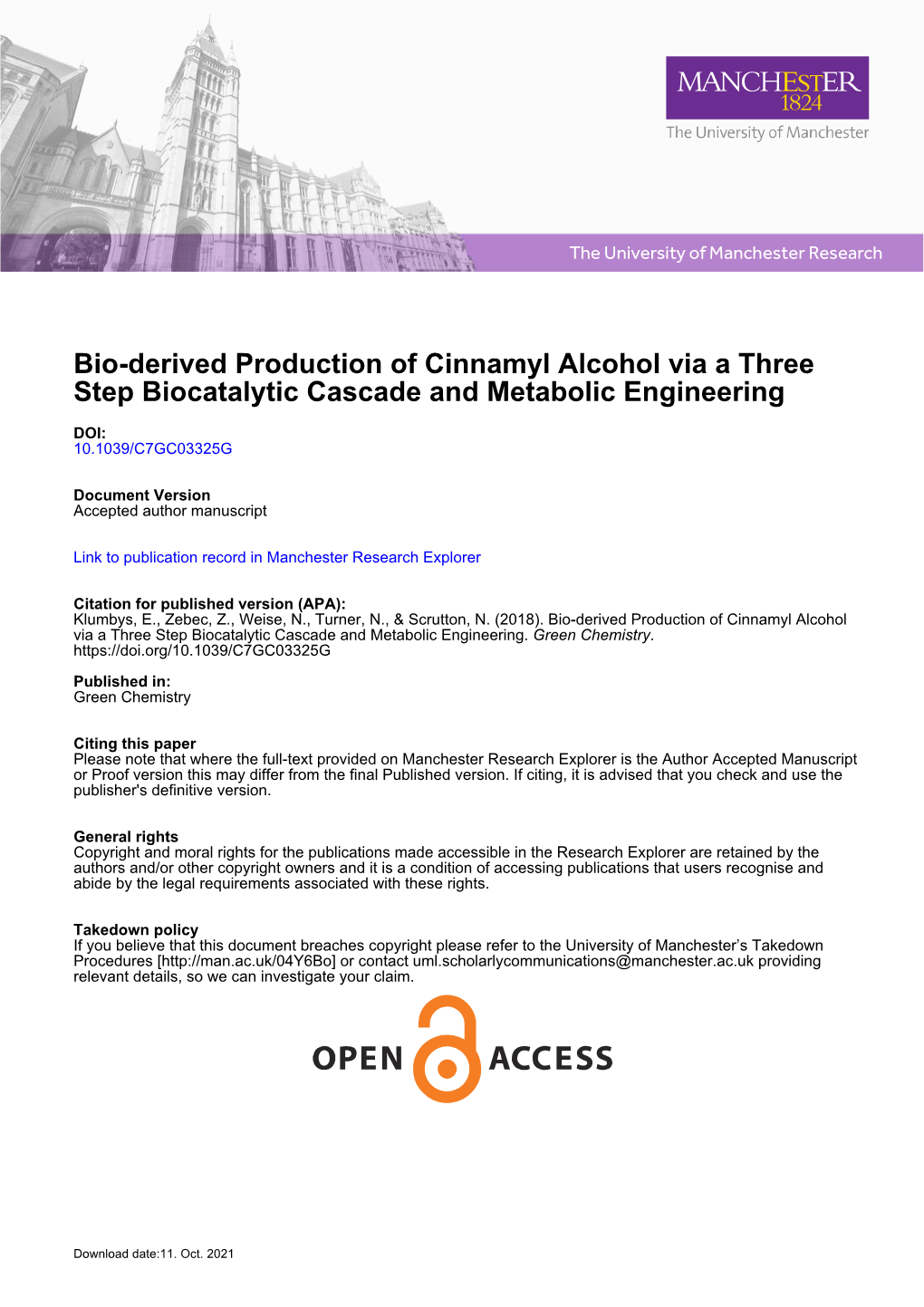 Bio-Derived Production of Cinnamyl Alcohol Via a Three Step Biocatalytic Cascade and Metabolic Engineering