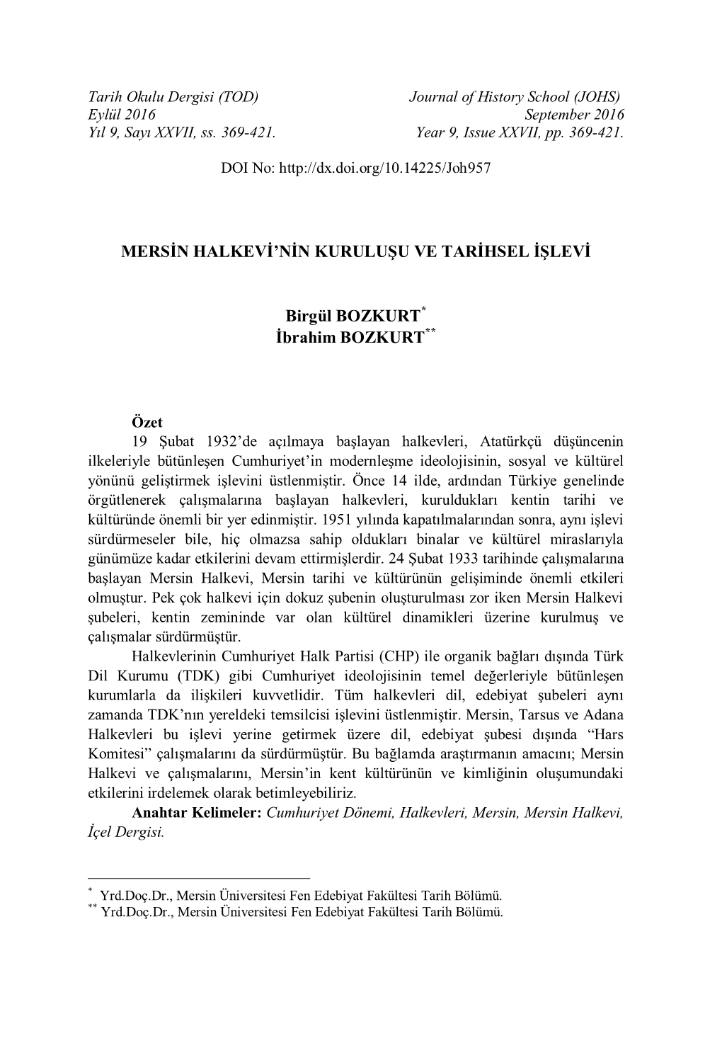 Mersin Halkevi'nin Kuruluşu Ve Tarihsel