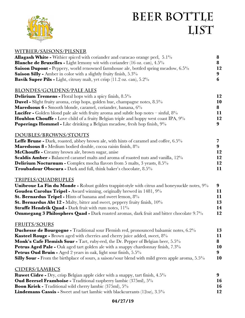 Gms Beer Menu 042719