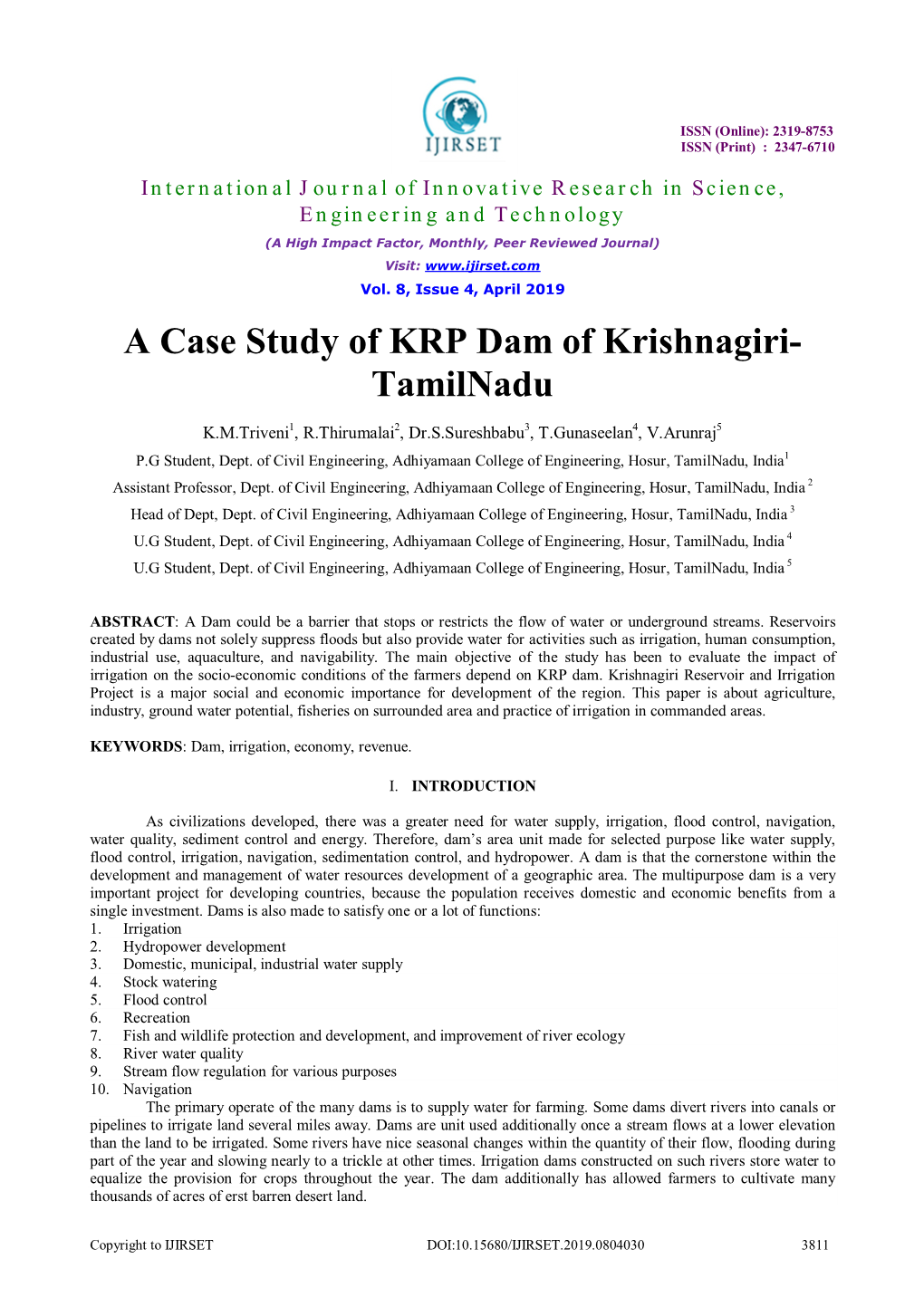 A Case Study of KRP Dam of Krishnagiri- Tamilnadu