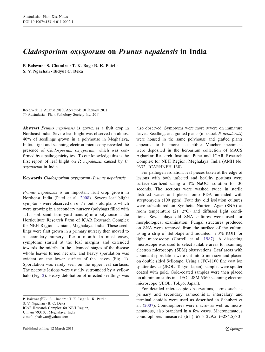 Cladosporium Oxysporum on Prunus Nepalensis in India