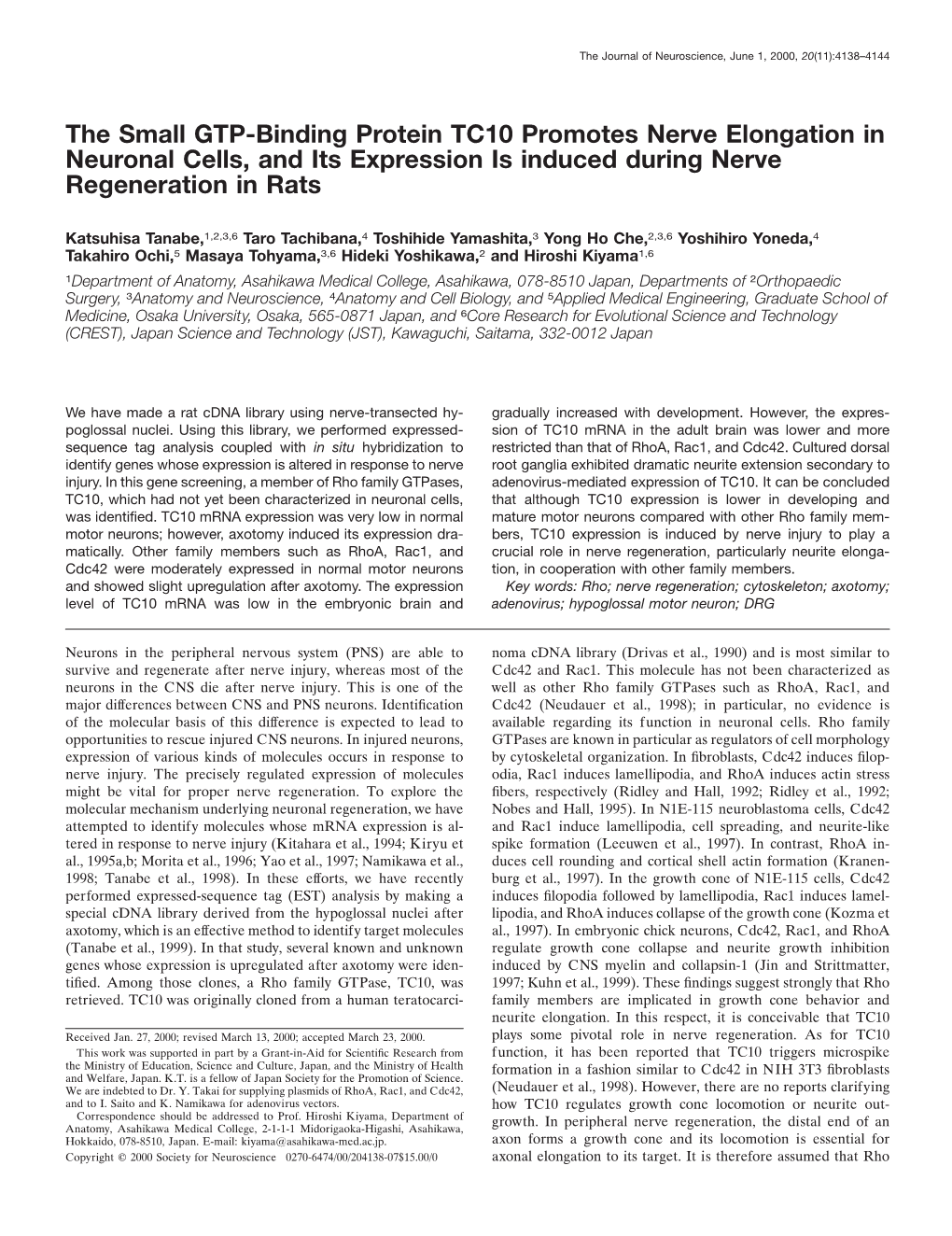 The Small GTP-Binding Protein TC10 Promotes Nerve Elongation in Neuronal Cells, and Its Expression Is Induced During Nerve Regeneration in Rats