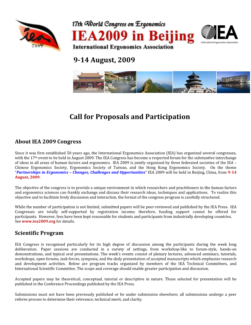 914 August, 2009 Call for Proposals and Participation