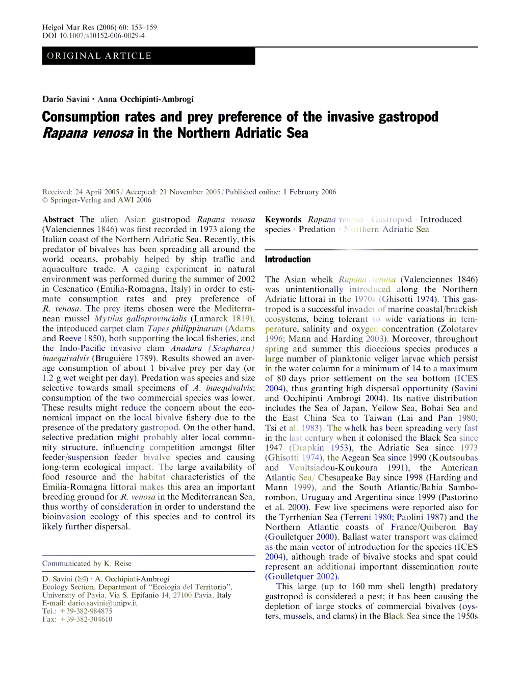 Consumption Rates and Prey Preference of the Invasive Gastropod Rapana Venosa in the Northern Adriatic Sea