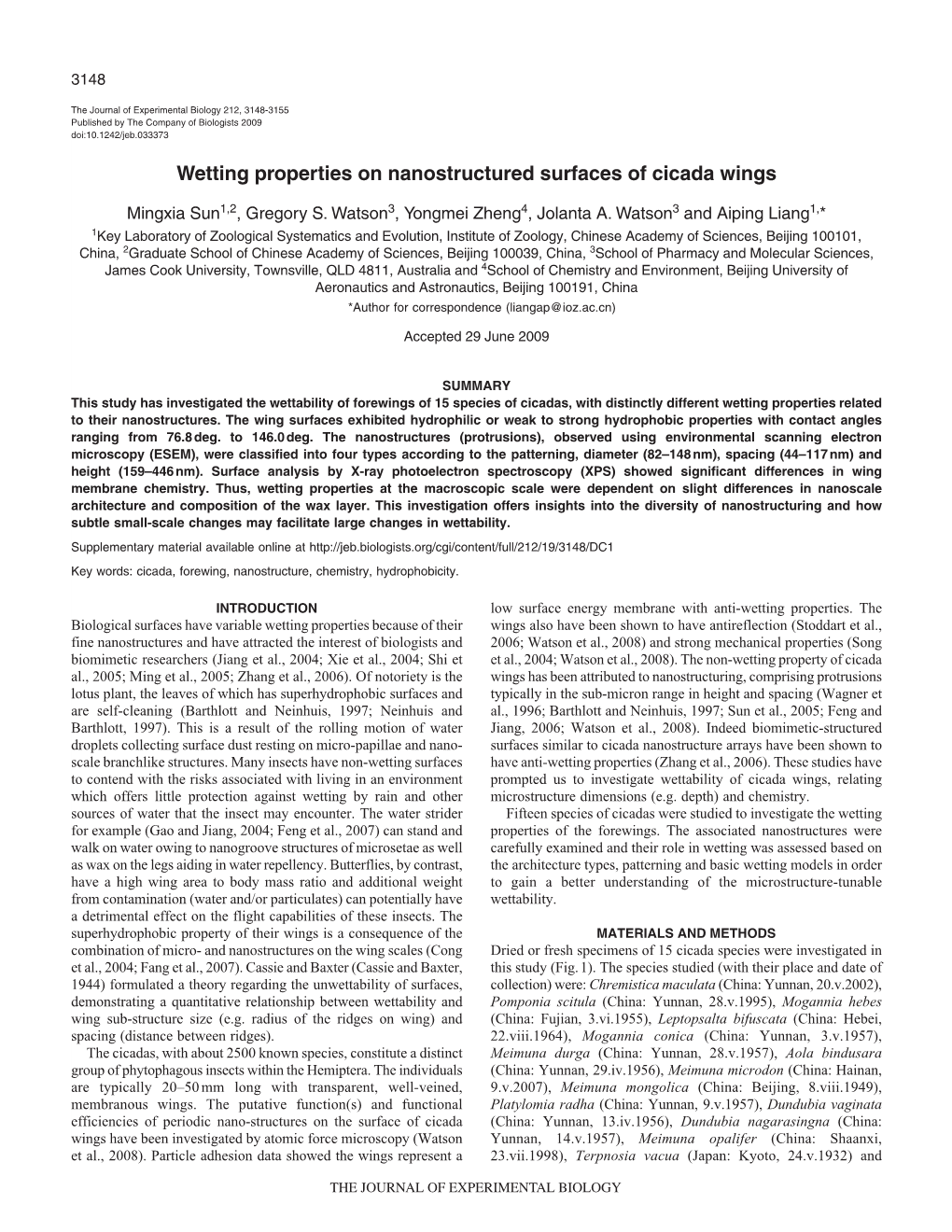 Wetting Properties on Nanostructured Surfaces of Cicada Wings