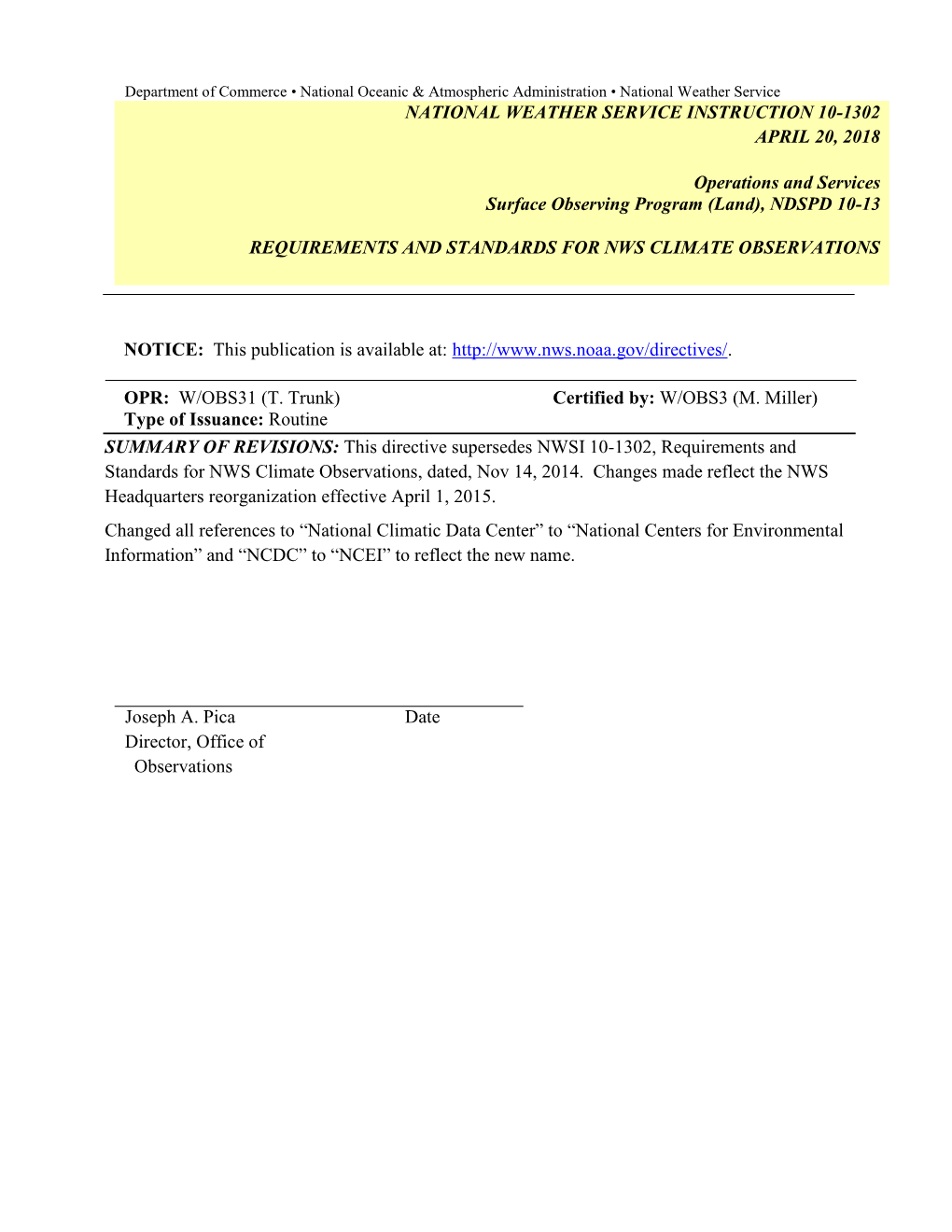 Requirements and Standards for Nws Climate Observations