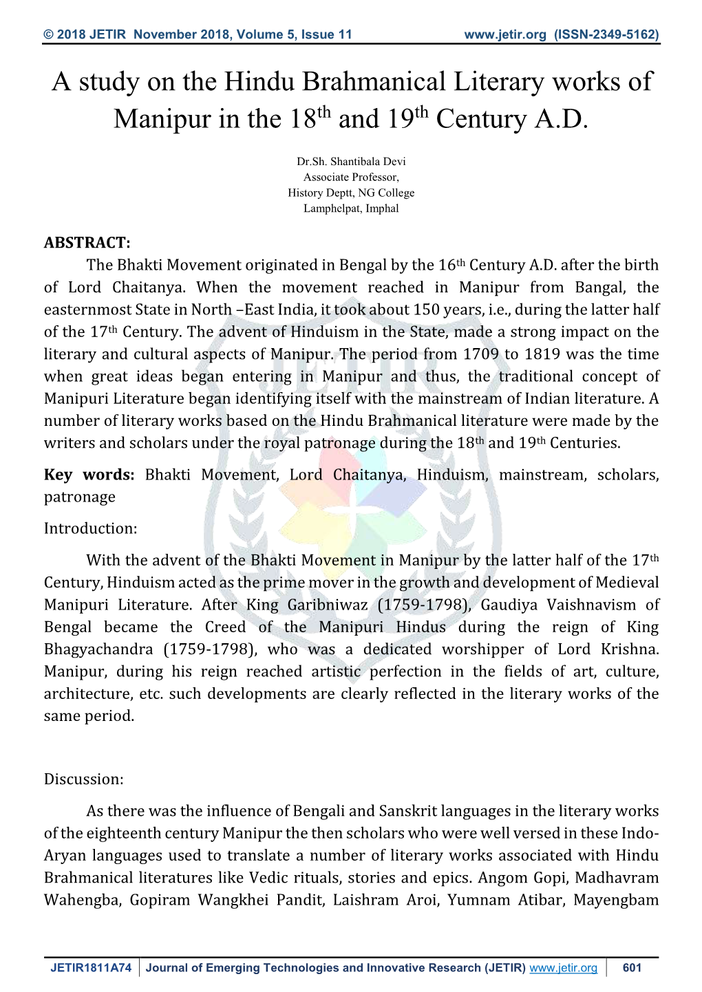 A Study on the Hindu Brahmanical Literary Works of Manipur in the 18Th and 19Th Century A.D