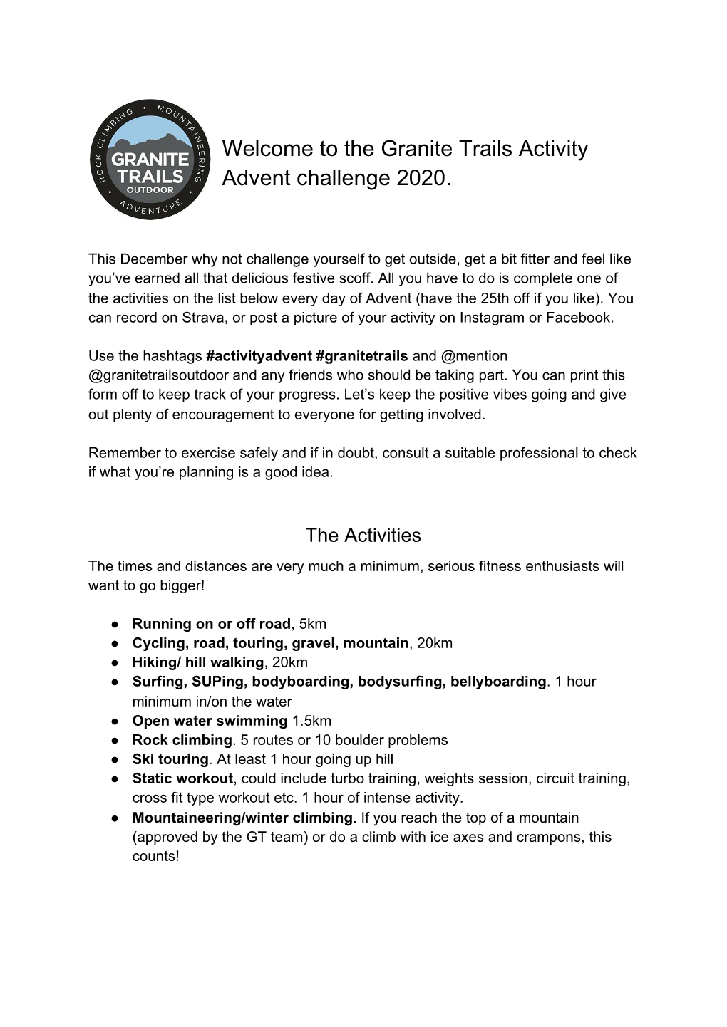 The Granite Trails Activity Advent Challenge 2020