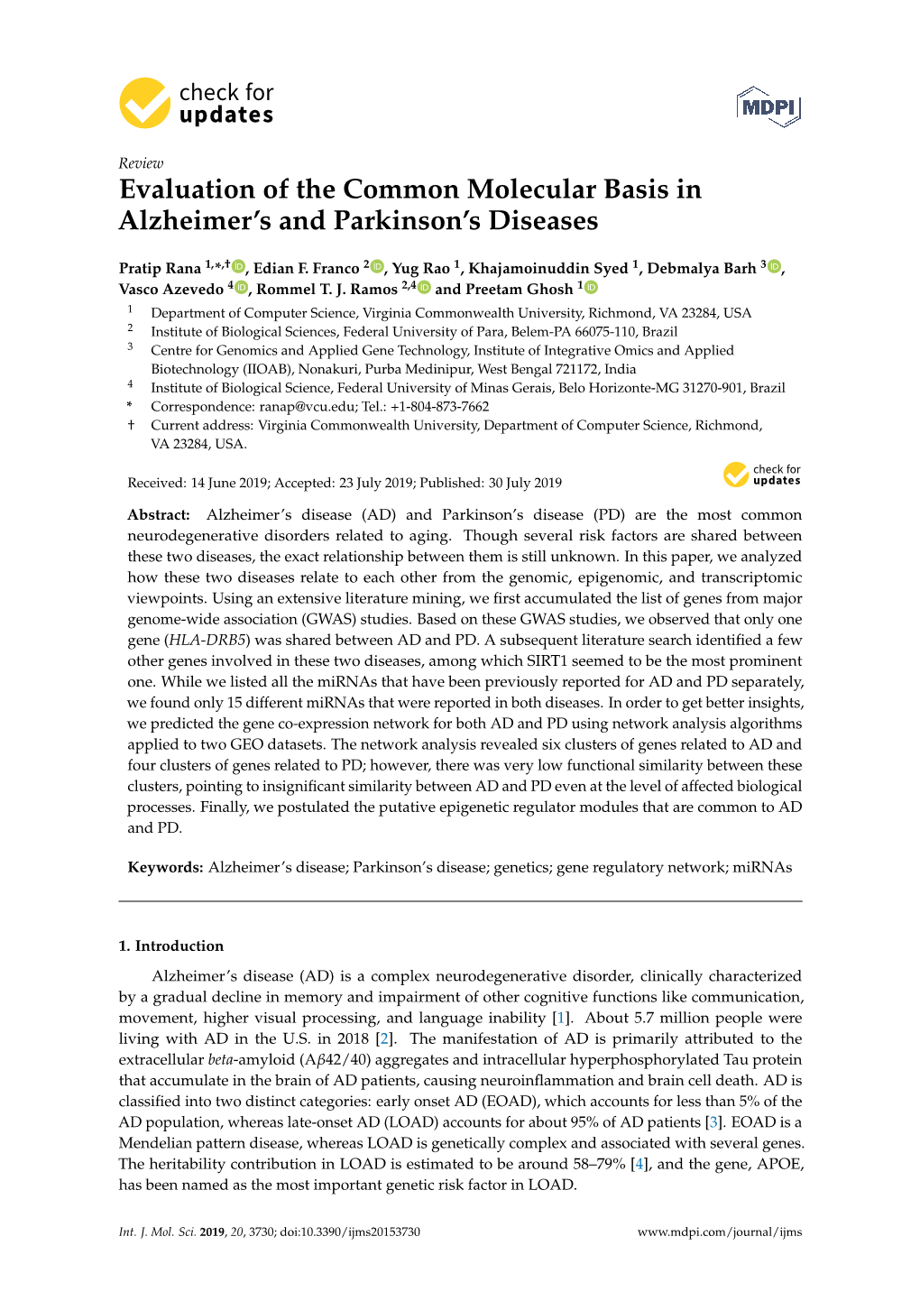 Evaluation of the Common Molecular Basis in Alzheimer's