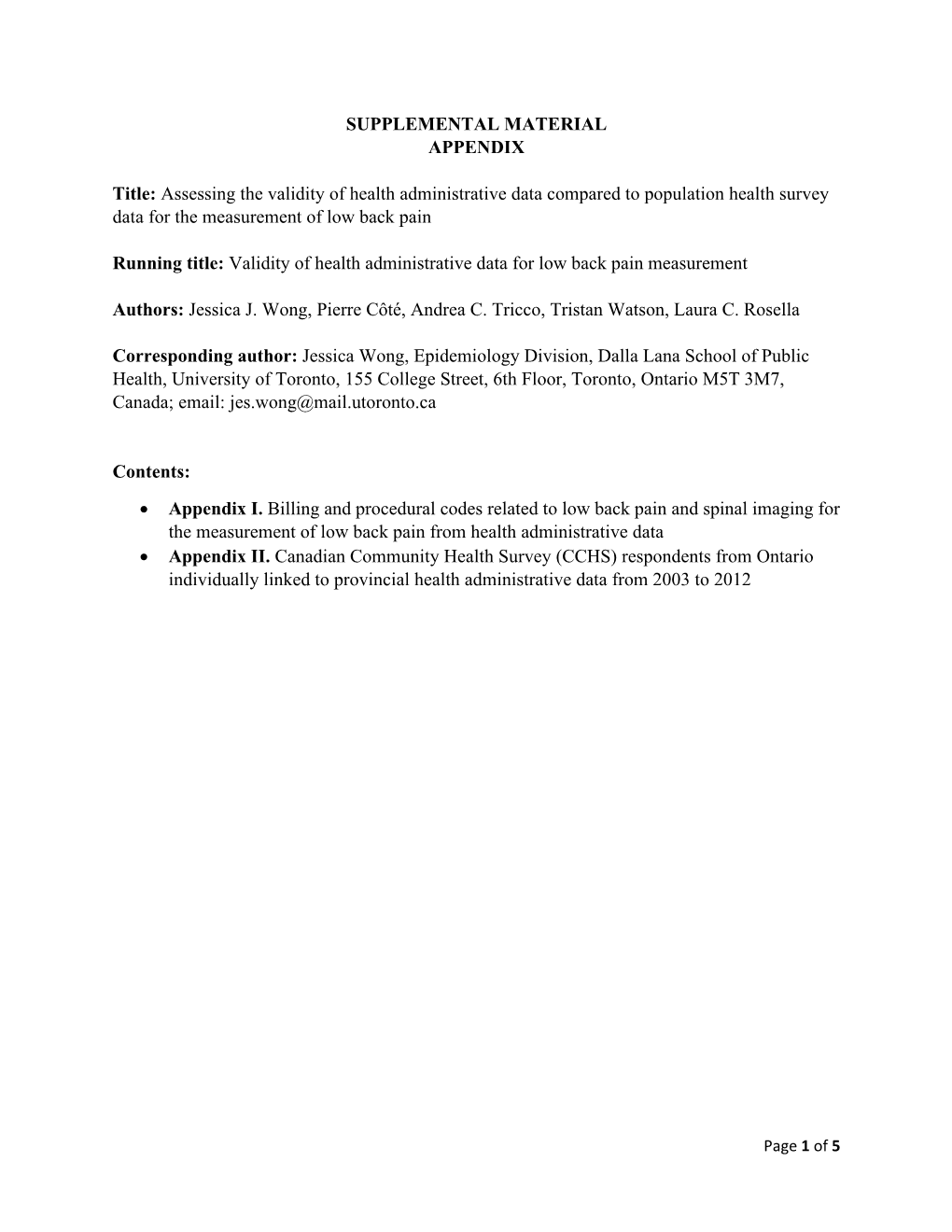 Assessing the Validity of Health Administrative Data Compared to Population Health Survey Data for the Measurement of Low Back Pain