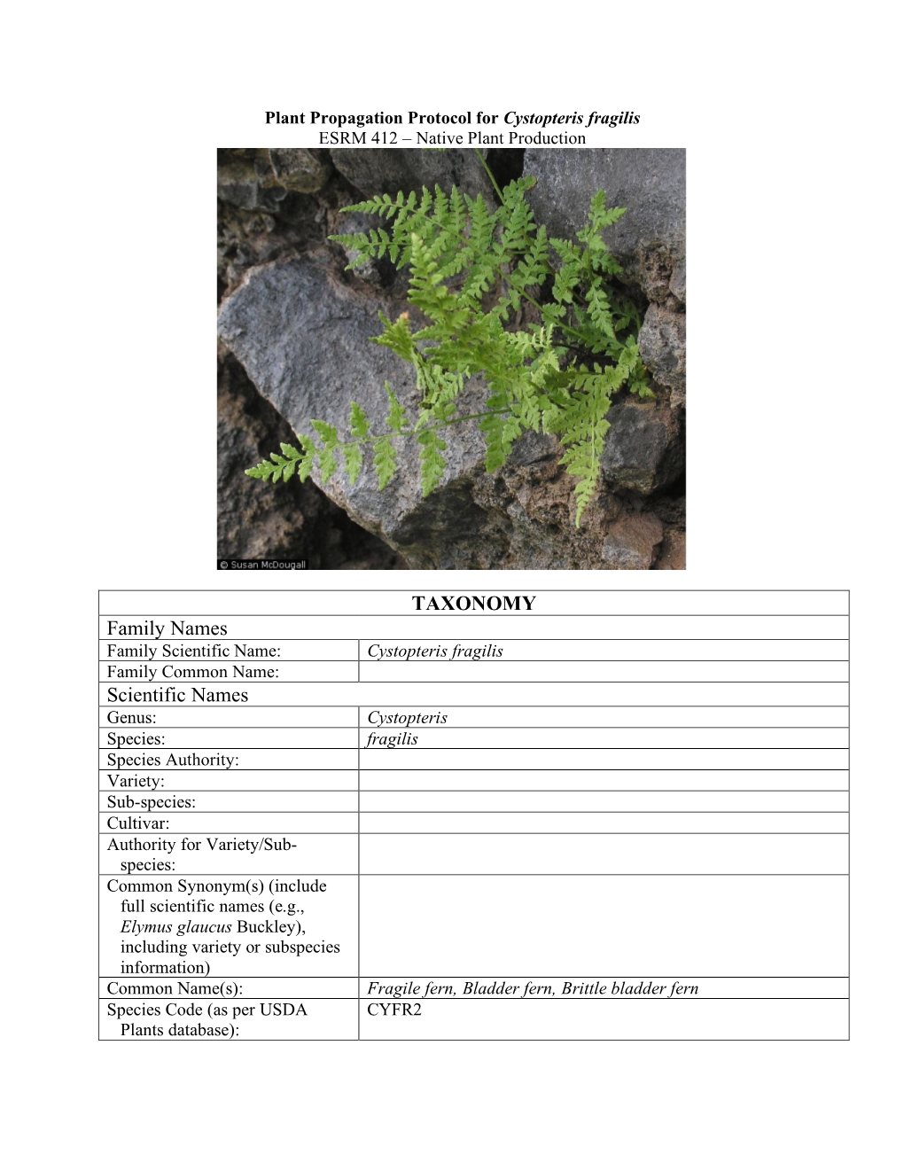 TAXONOMY Family Names Scientific Names