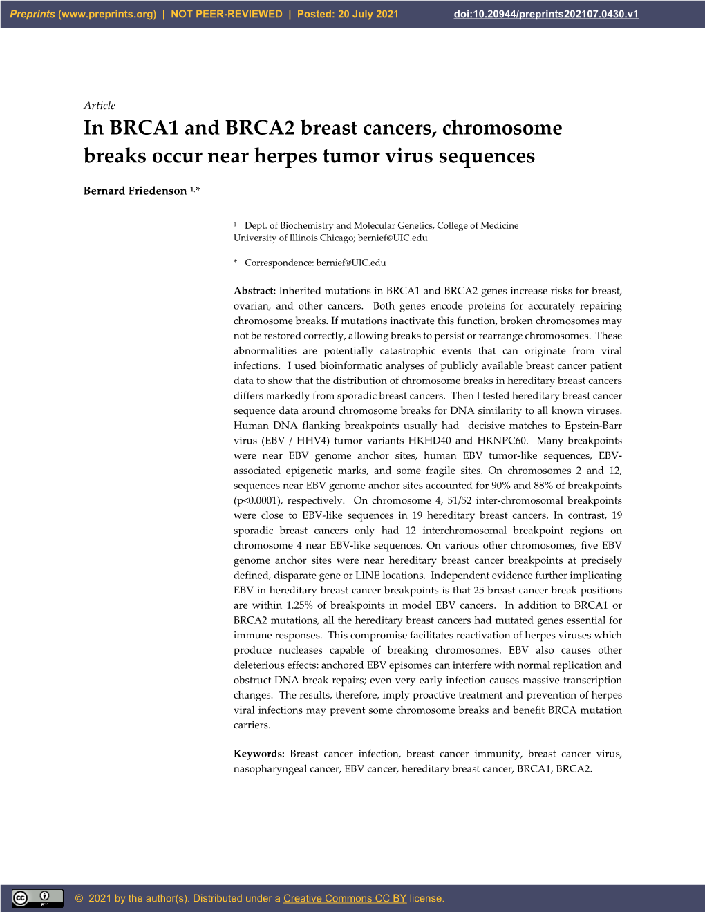 In BRCA1 and BRCA2 Breast Cancers, Chromosome Breaks Occur Near Herpes Tumor Virus Sequences