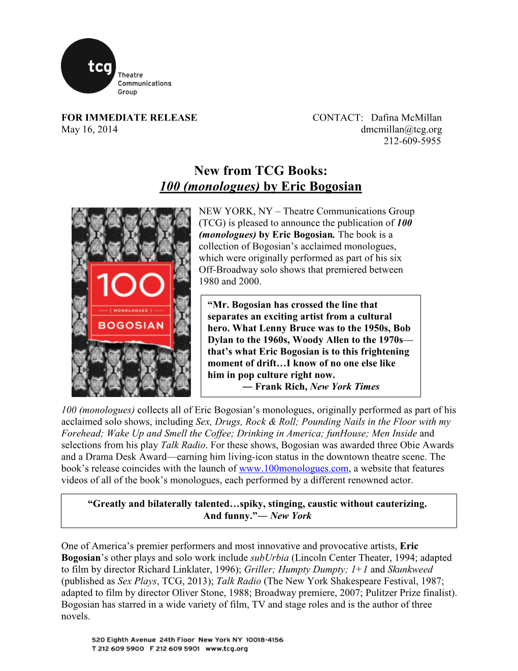 New from TCG Books: 100 (Monologues) by Eric Bogosian