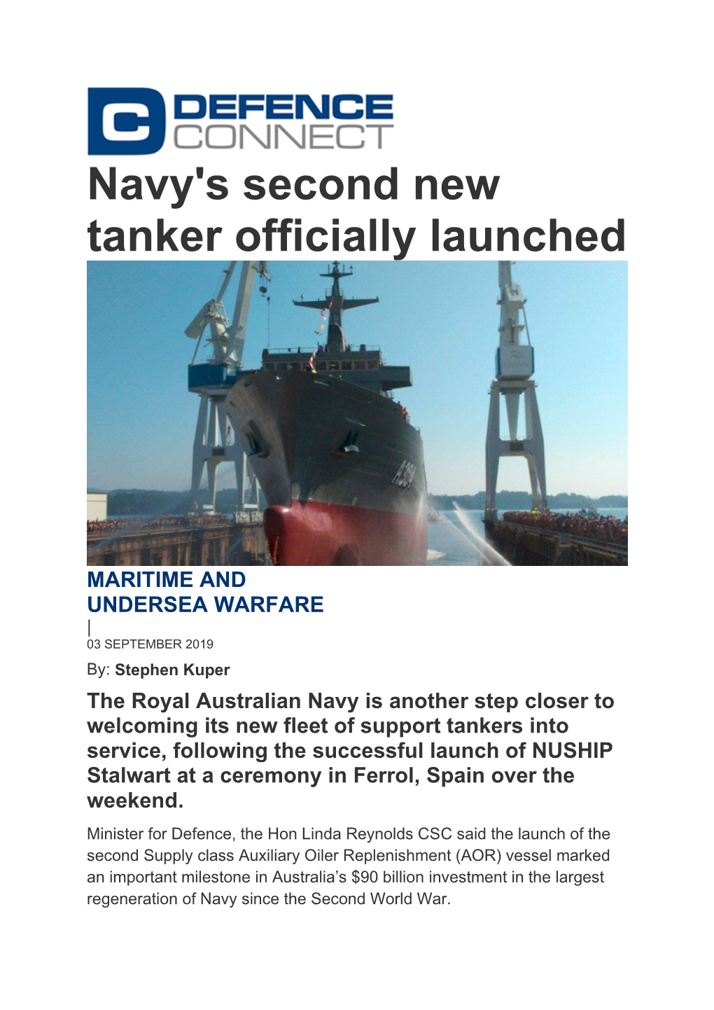 Navy's Second New Tanker Officially Launched