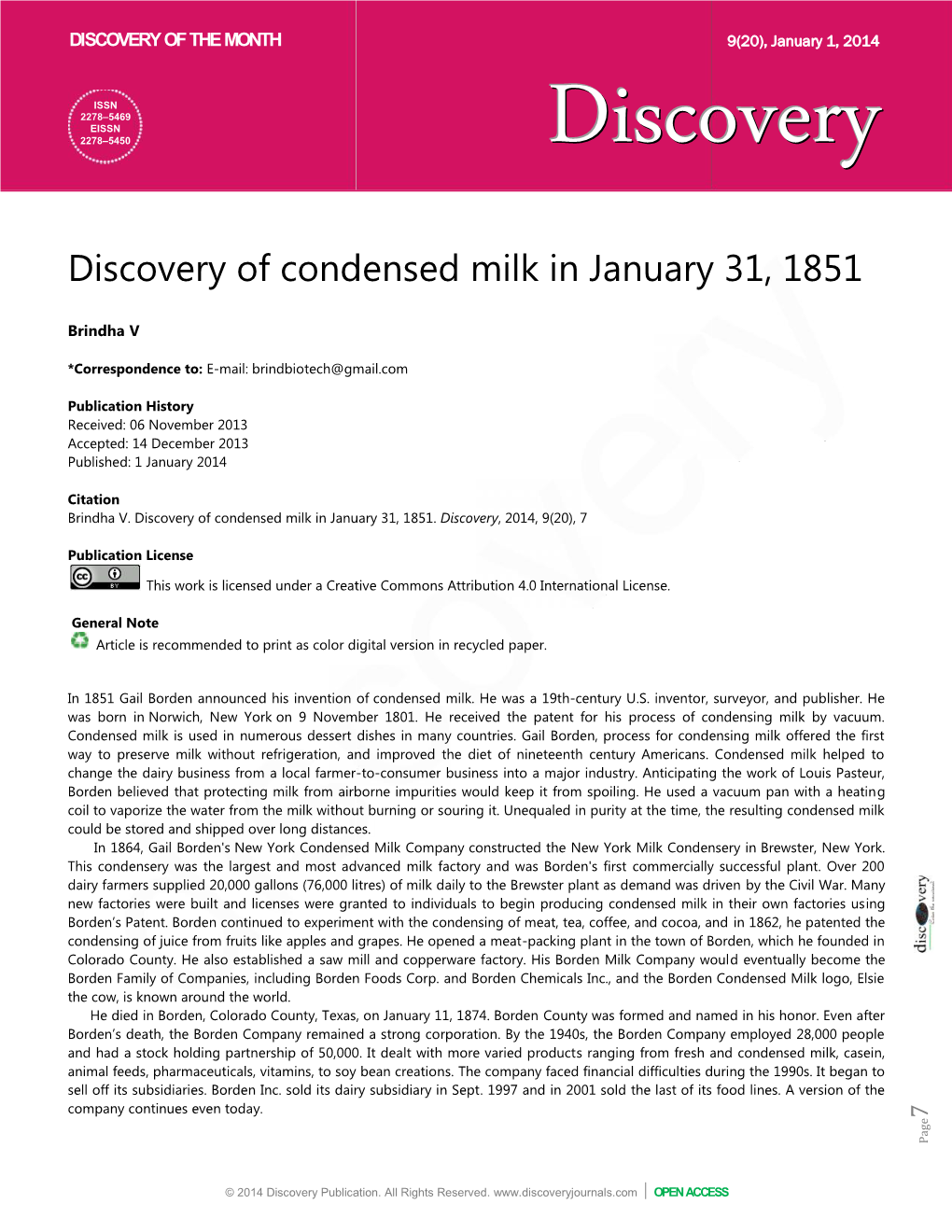 Discovery of Condensed Milk Ery of Condensed Milk in January 31