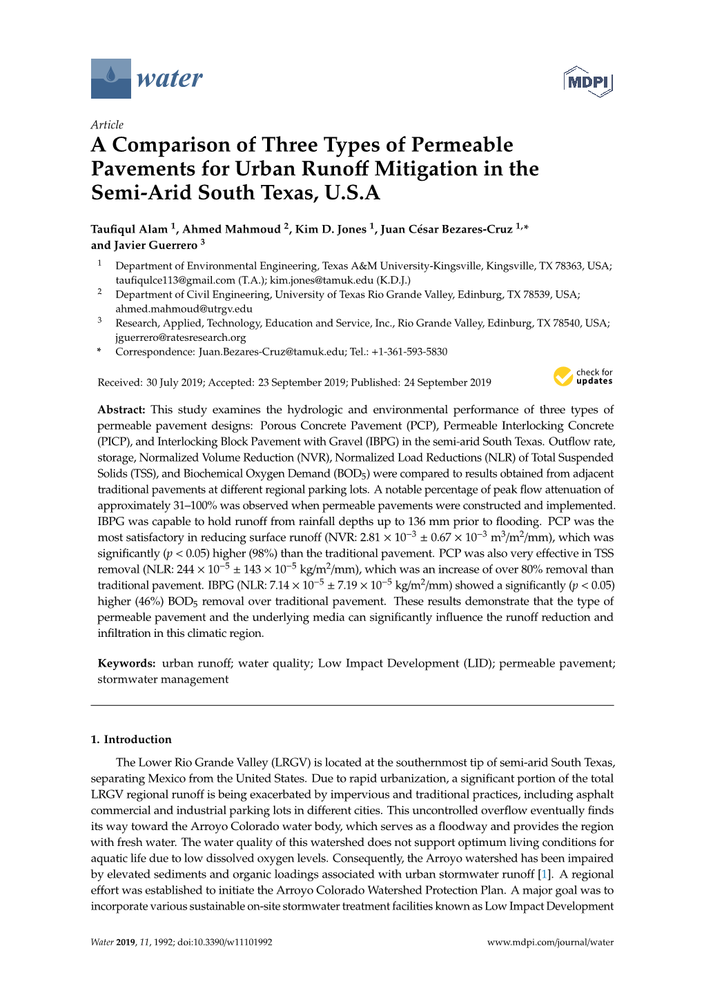 A Comparison of Three Types of Permeable Pavements for Urban Runoﬀ Mitigation in the Semi-Arid South Texas, U.S.A