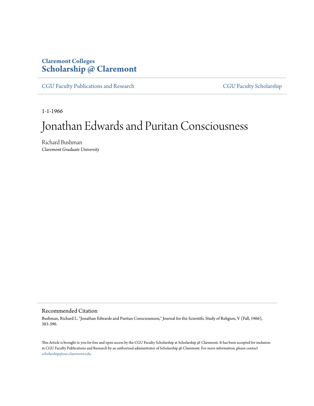 Jonathan Edwards and Puritan Consciousness Richard Bushman Claremont Graduate University
