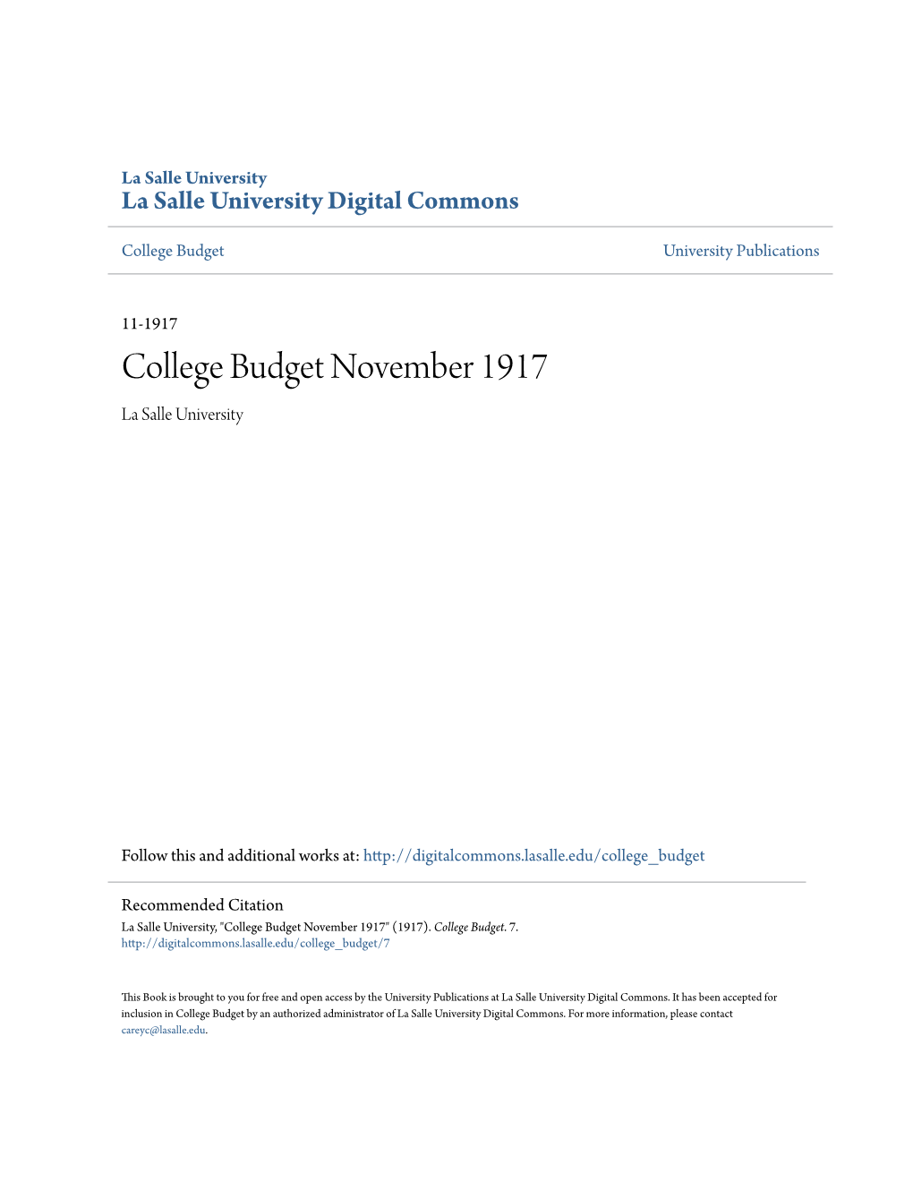 College Budget November 1917 La Salle University