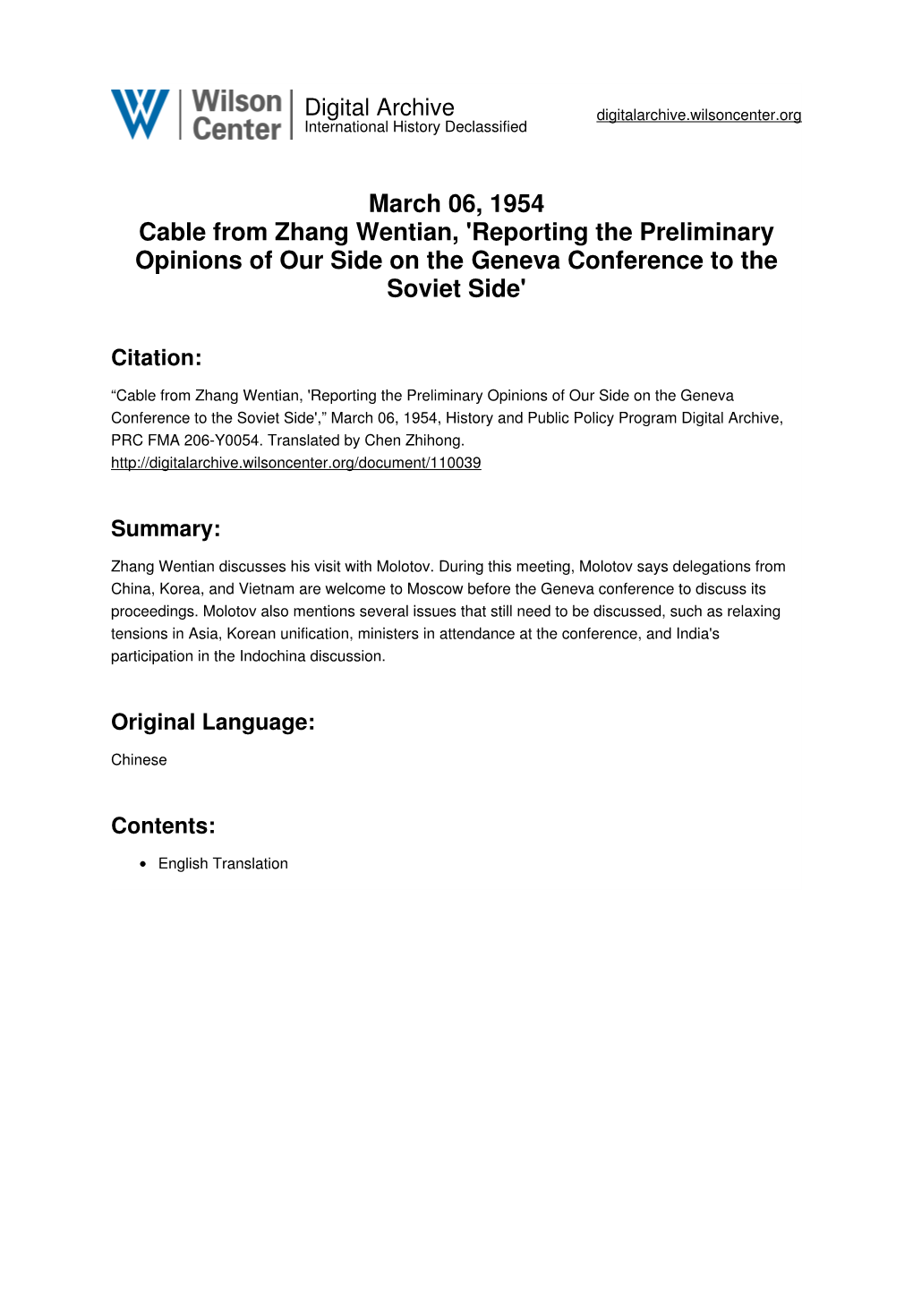 March 06, 1954 Cable from Zhang Wentian, 'Reporting the Preliminary Opinions of Our Side on the Geneva Conference to the Soviet Side'