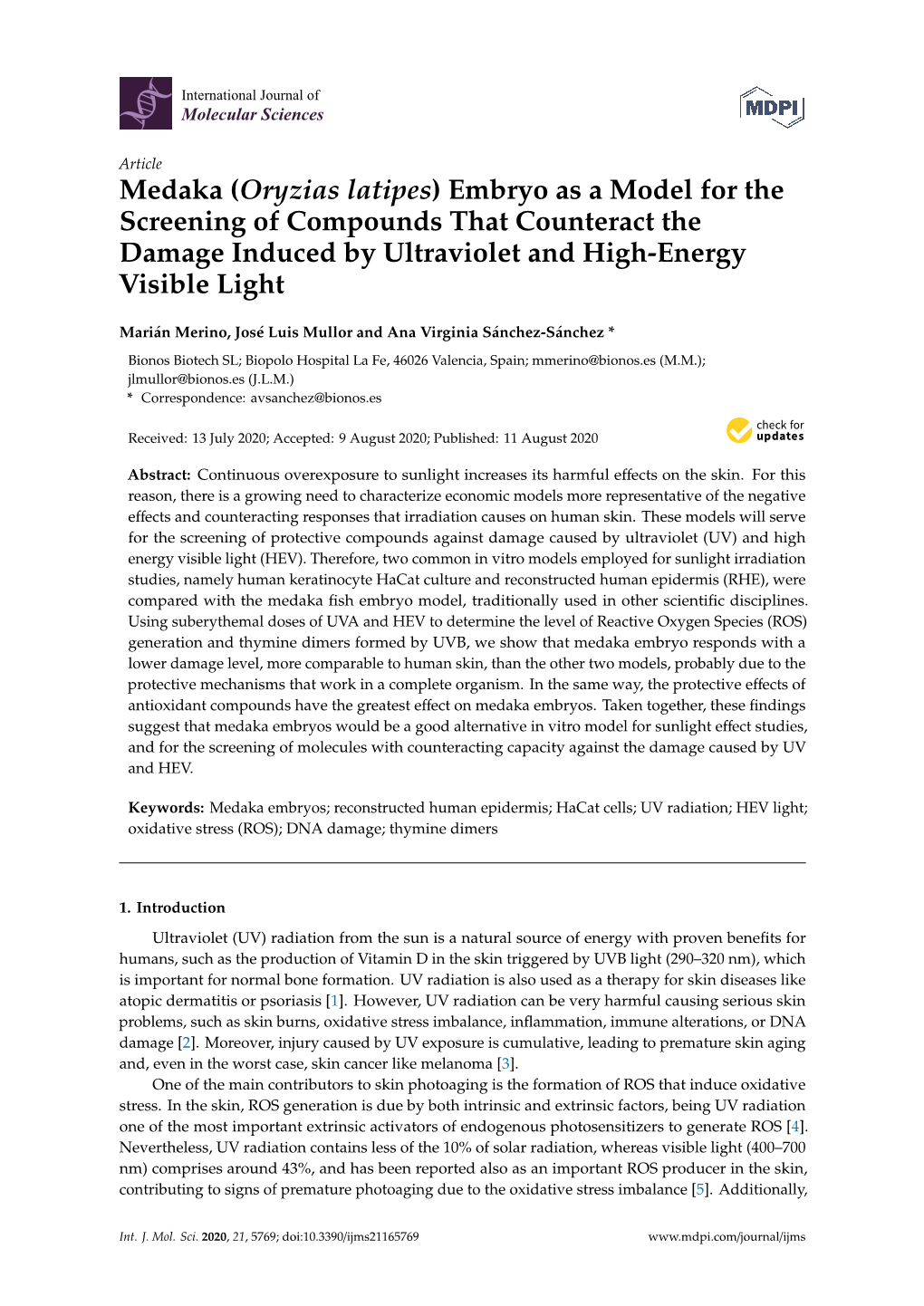 Medaka (Oryzias Latipes) Embryo As a Model for the Screening of Compounds That Counteract the Damage Induced by Ultraviolet and High-Energy Visible Light