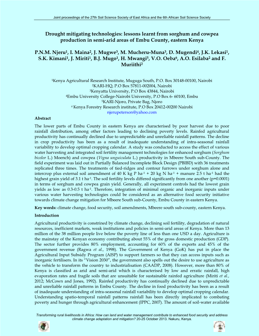 Drought Mitigating Technologies: Lessons Learnt from Sorghum and Cowpea Production in Semi-Arid Areas of Embu County, Eastern Kenya