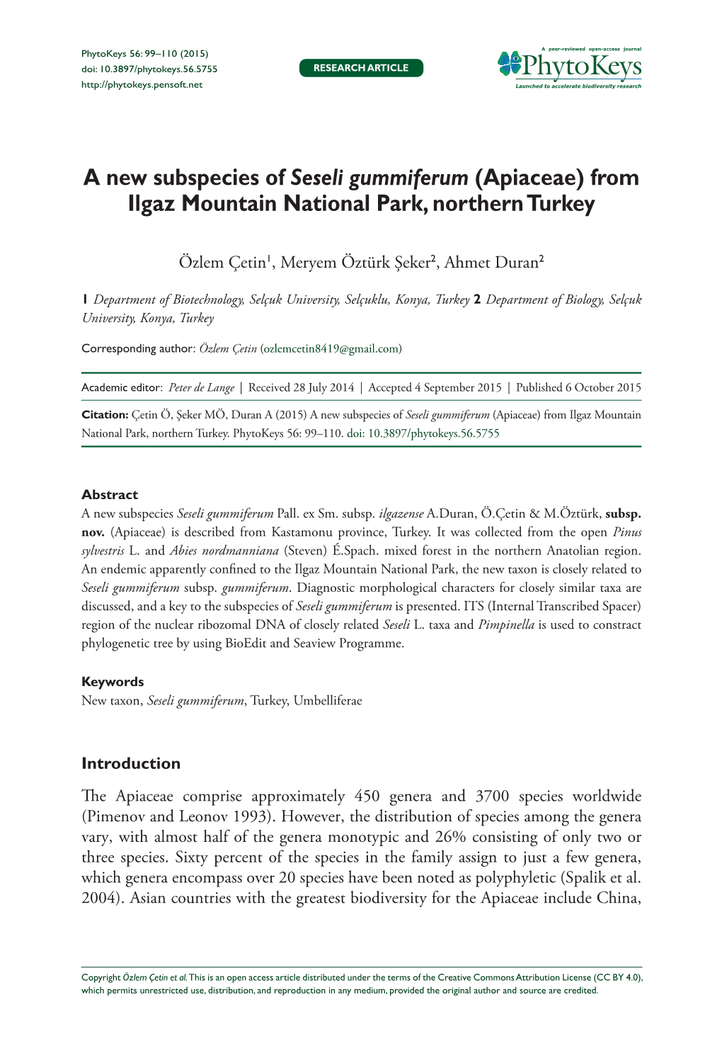 A New Subspecies of Seseli Gummiferum (Apiaceae) from Ilgaz Mountain National Park, Northern Turkey