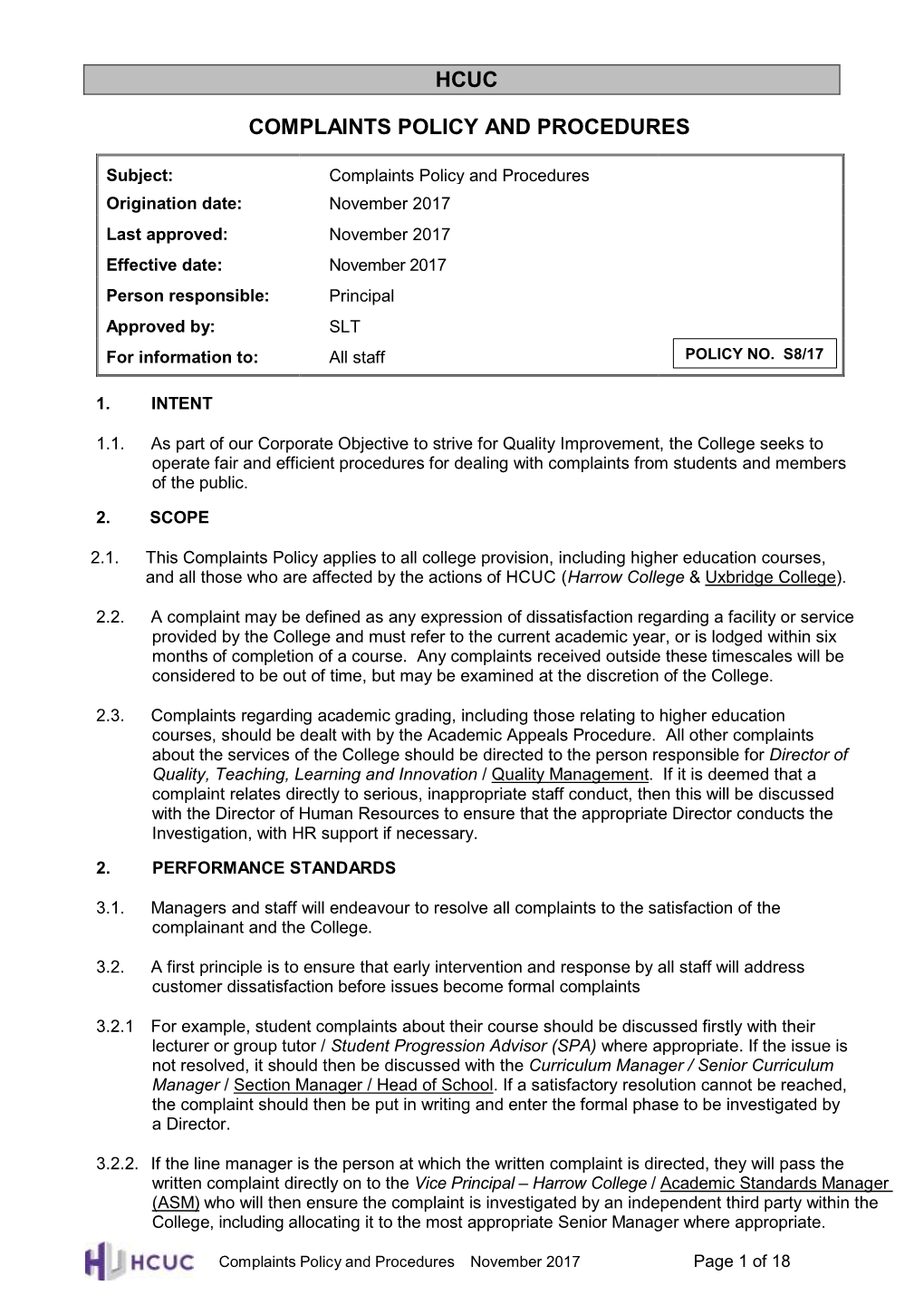 Hcuc Complaints Policy and Procedures