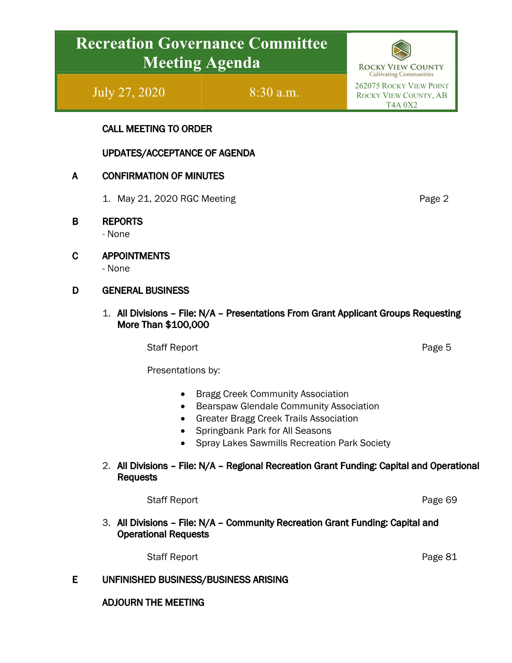 Recreation Governance Committee Meeting Agenda
