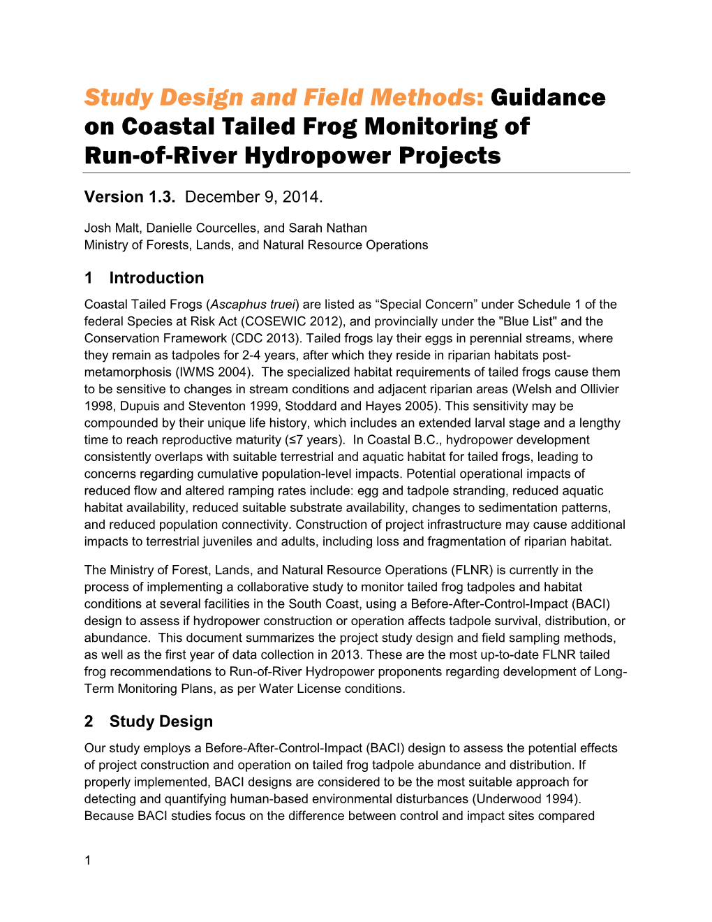 Study Design and Field Methods: Guidance on Coastal Tailed Frog Monitoring of Run-Of-River Hydropower Projects