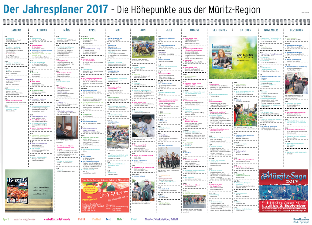 Der Jahresplaner 2017 – Die Höhepunkte Aus Der Müritz-Region Stand: Xxxxxxxx