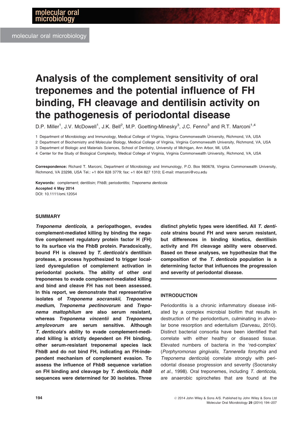 Analysis of the Complement Sensitivity of Oral Treponemes and The