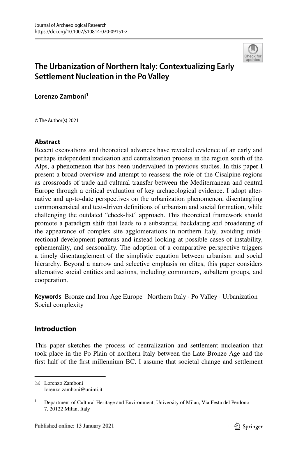 The Urbanization of Northern Italy: Contextualizing Early Settlement Nucleation in the Po Valley