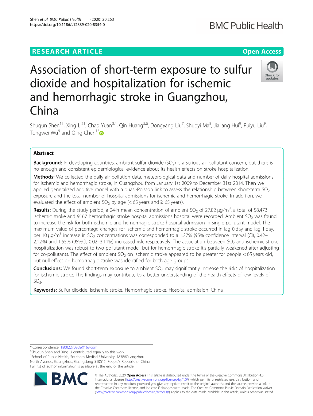 Association of Short-Term Exposure to Sulfur Dioxide and Hospitalization