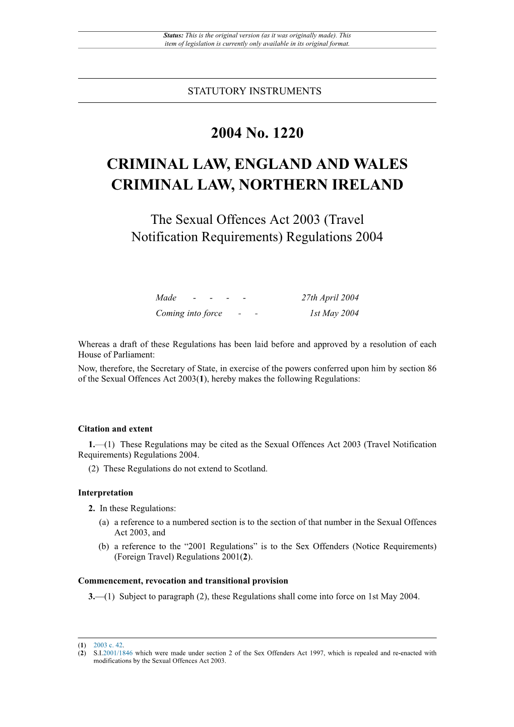 The Sexual Offences Act 2003 (Travel Notification Requirements) Regulations 2004