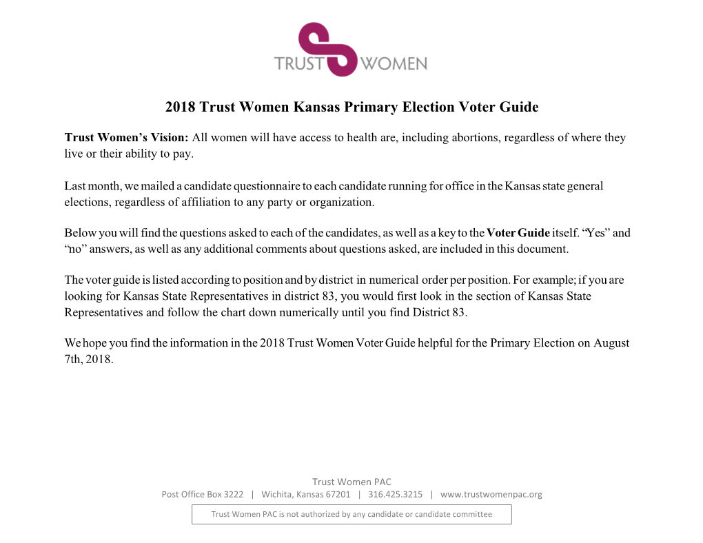 2018 Trust Women Kansas Primary Election Voter Guide