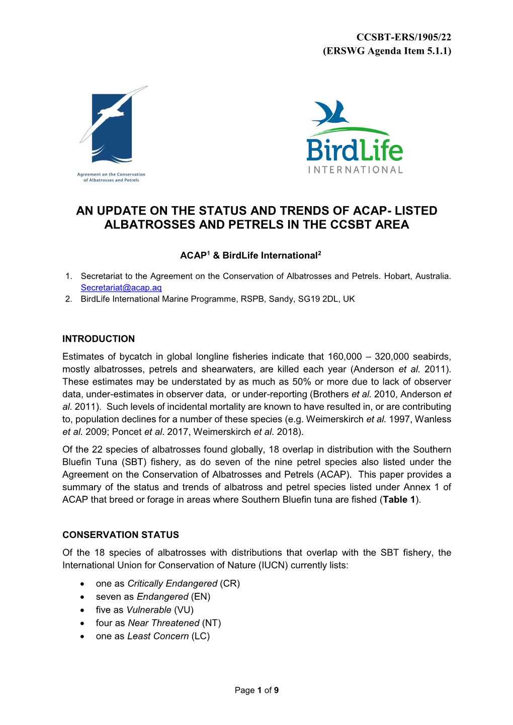 An Update on the Status and Trends of Acap- Listed Albatrosses and Petrels in the Ccsbt Area