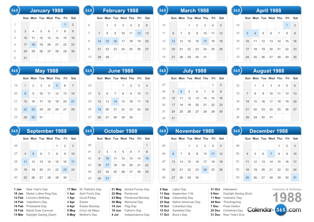 Calendar 1988 & Holidays 1988