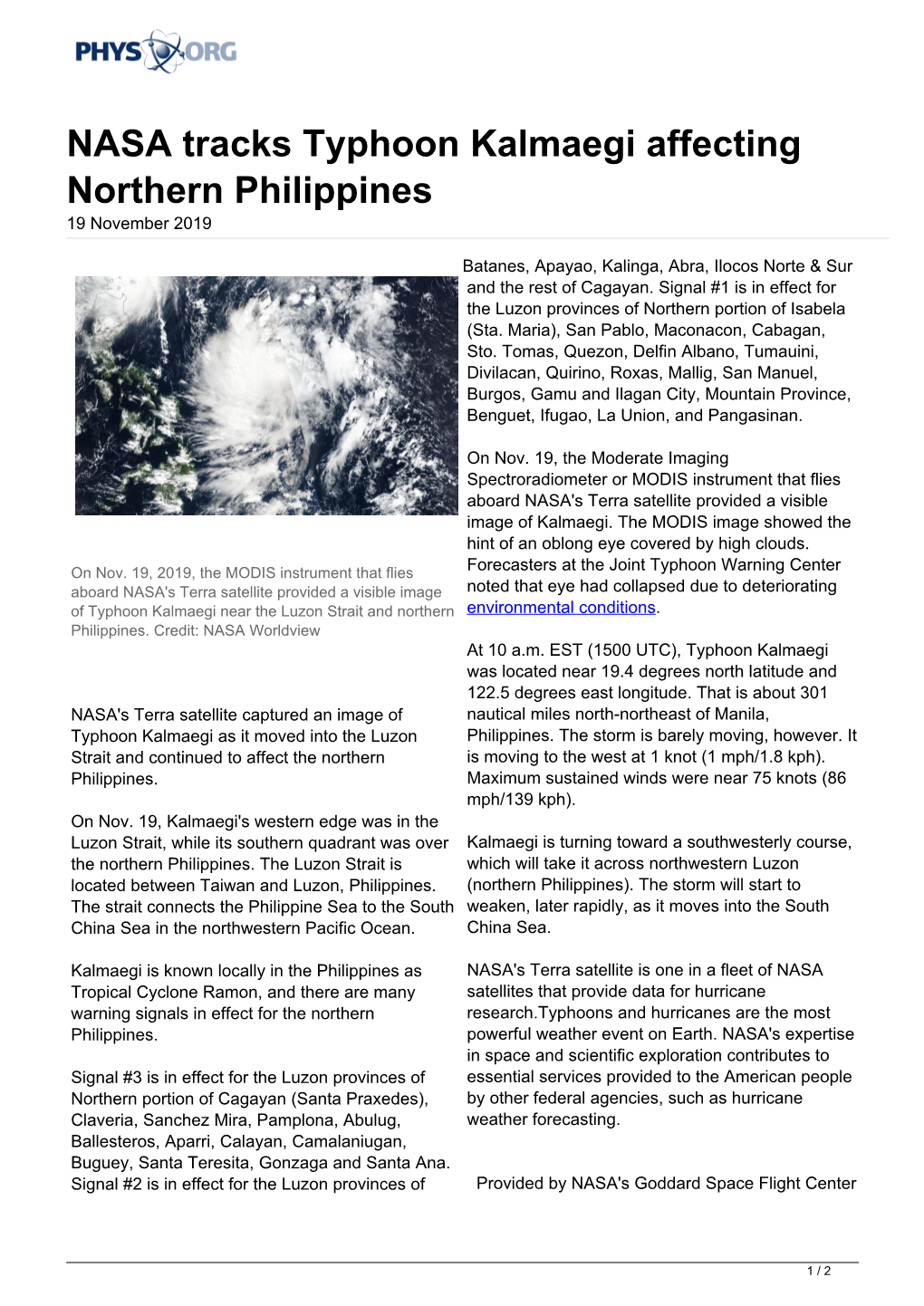 NASA Tracks Typhoon Kalmaegi Affecting Northern Philippines 19 November 2019