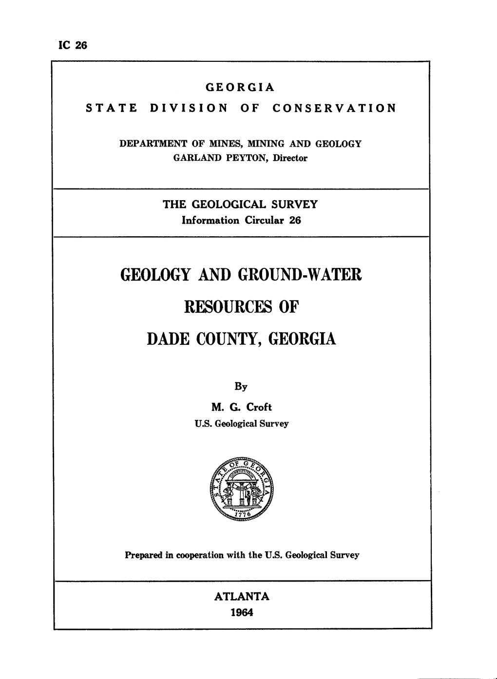 IC-26 Geology and Ground Water Resources of Dade County, Georgia