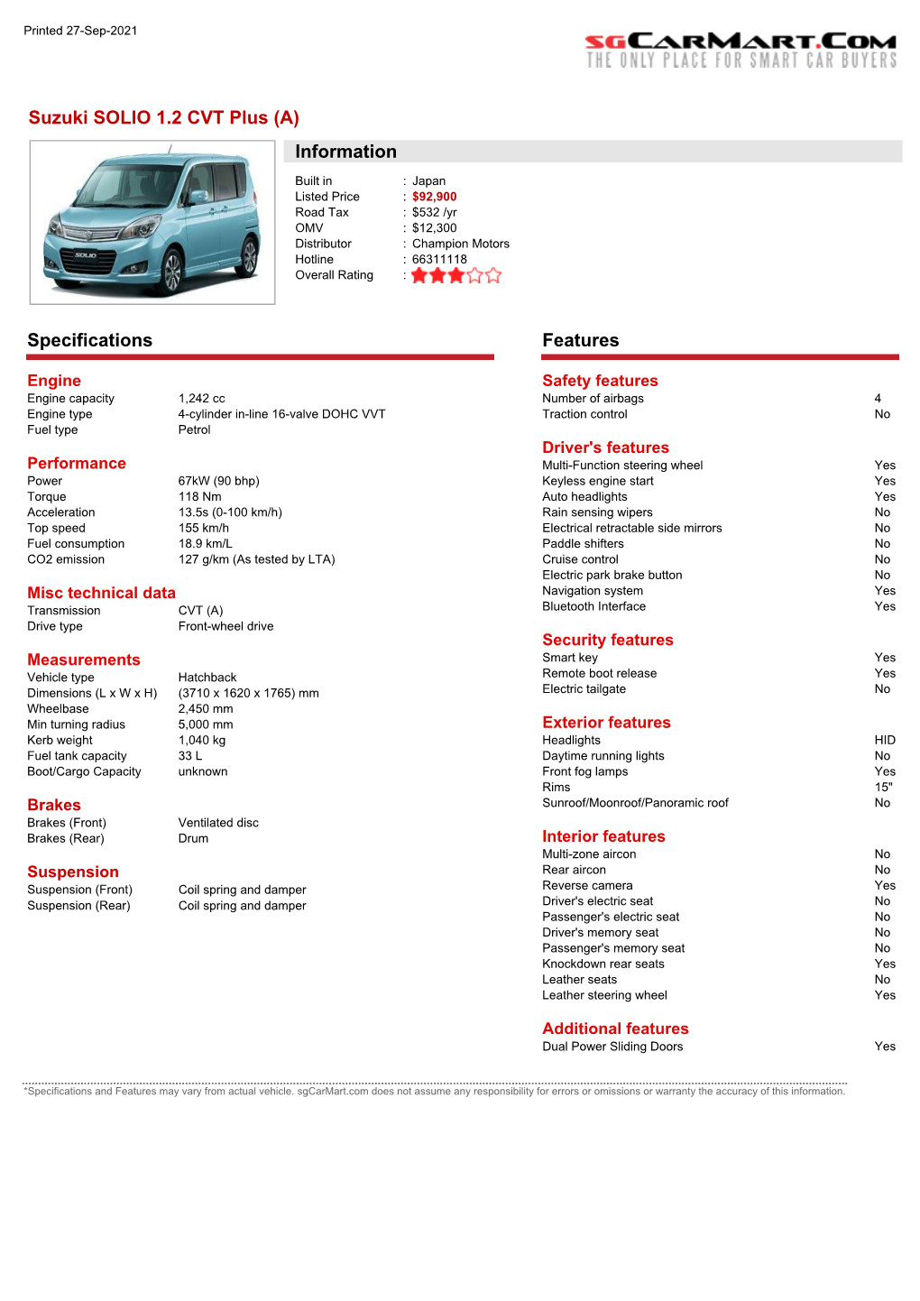 Suzuki SOLIO 1.2 CVT Plus (A) Information