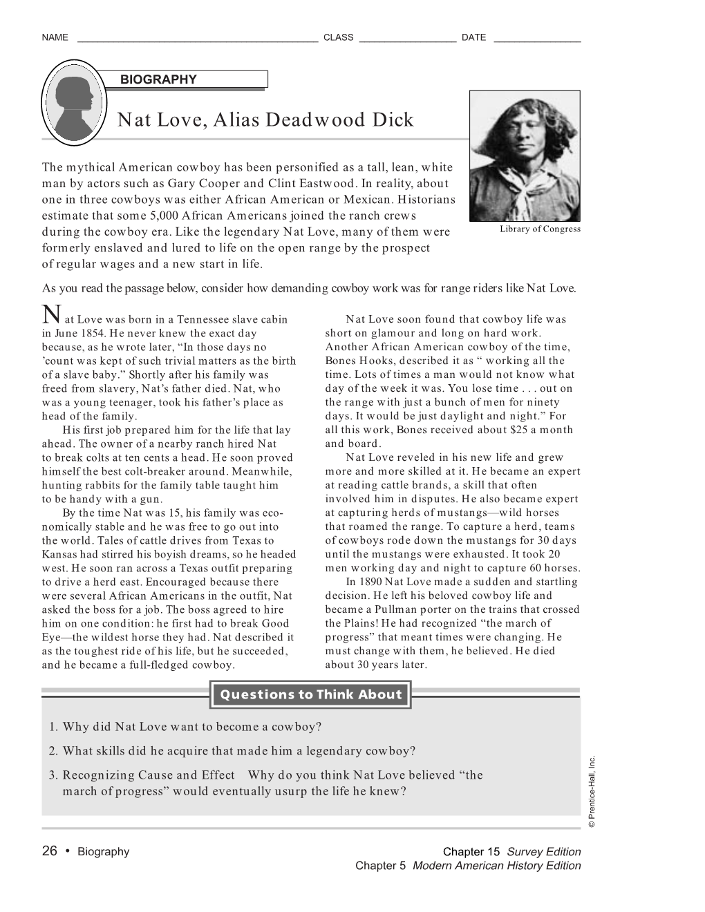 Biography Activity: Nat Love, Alias Deadwood Dick