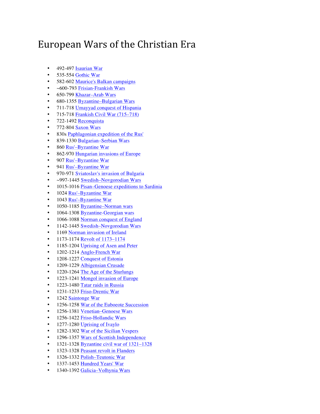 European Wars of the Christian Era