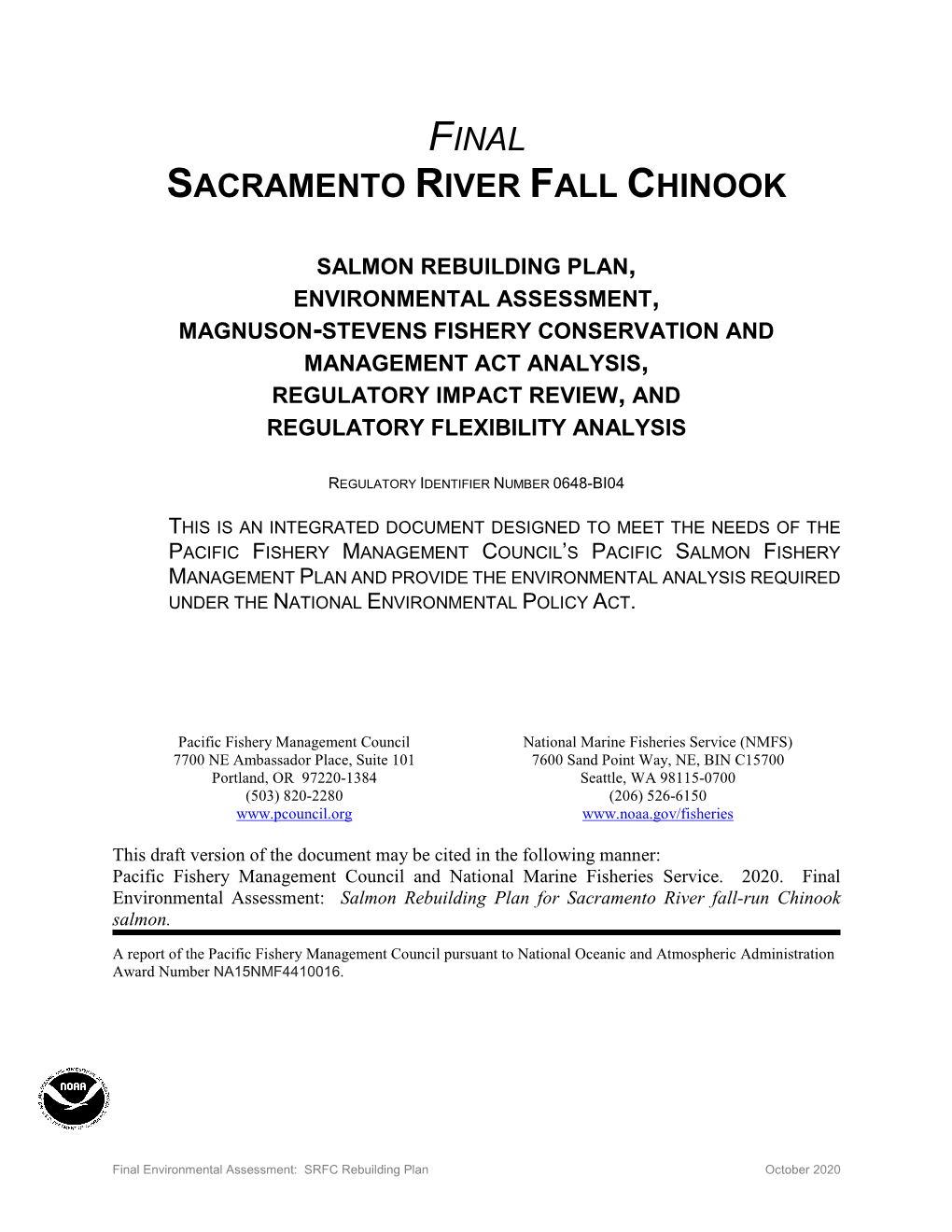 Final Sacramento River Fall Chinook Environmental Assessment