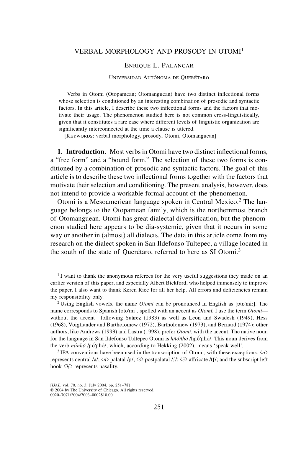 Verbal Morphology, Prosody, Otomi, Otomanguean]