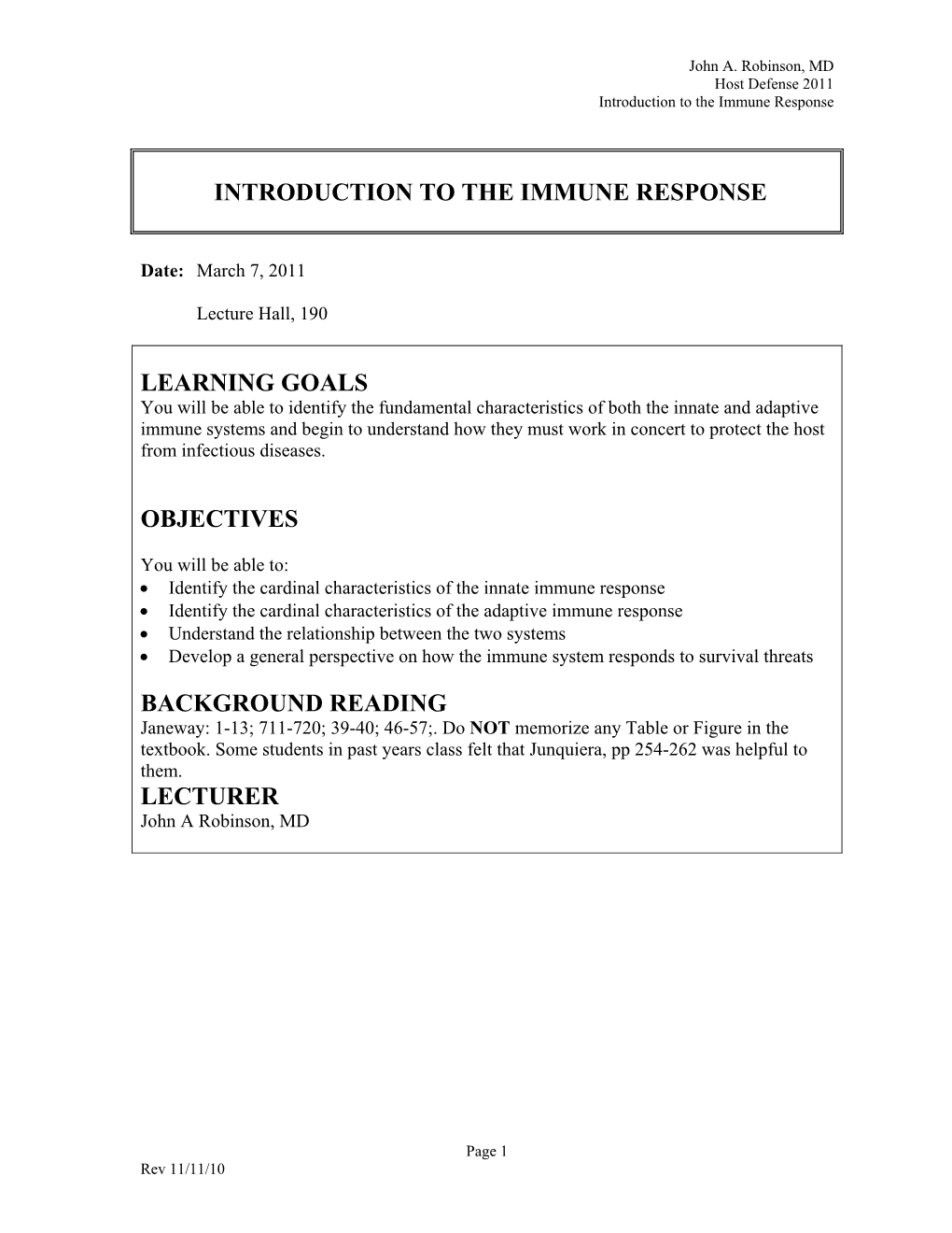 Introduction to the Immune Response Learning Goals