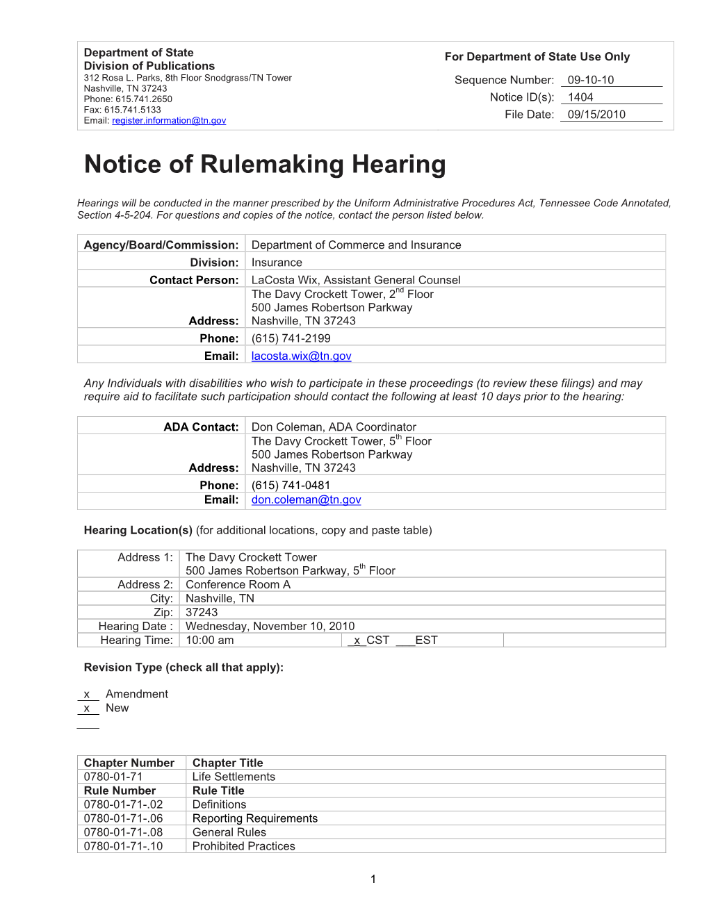 Notice of Rulemaking Hearing