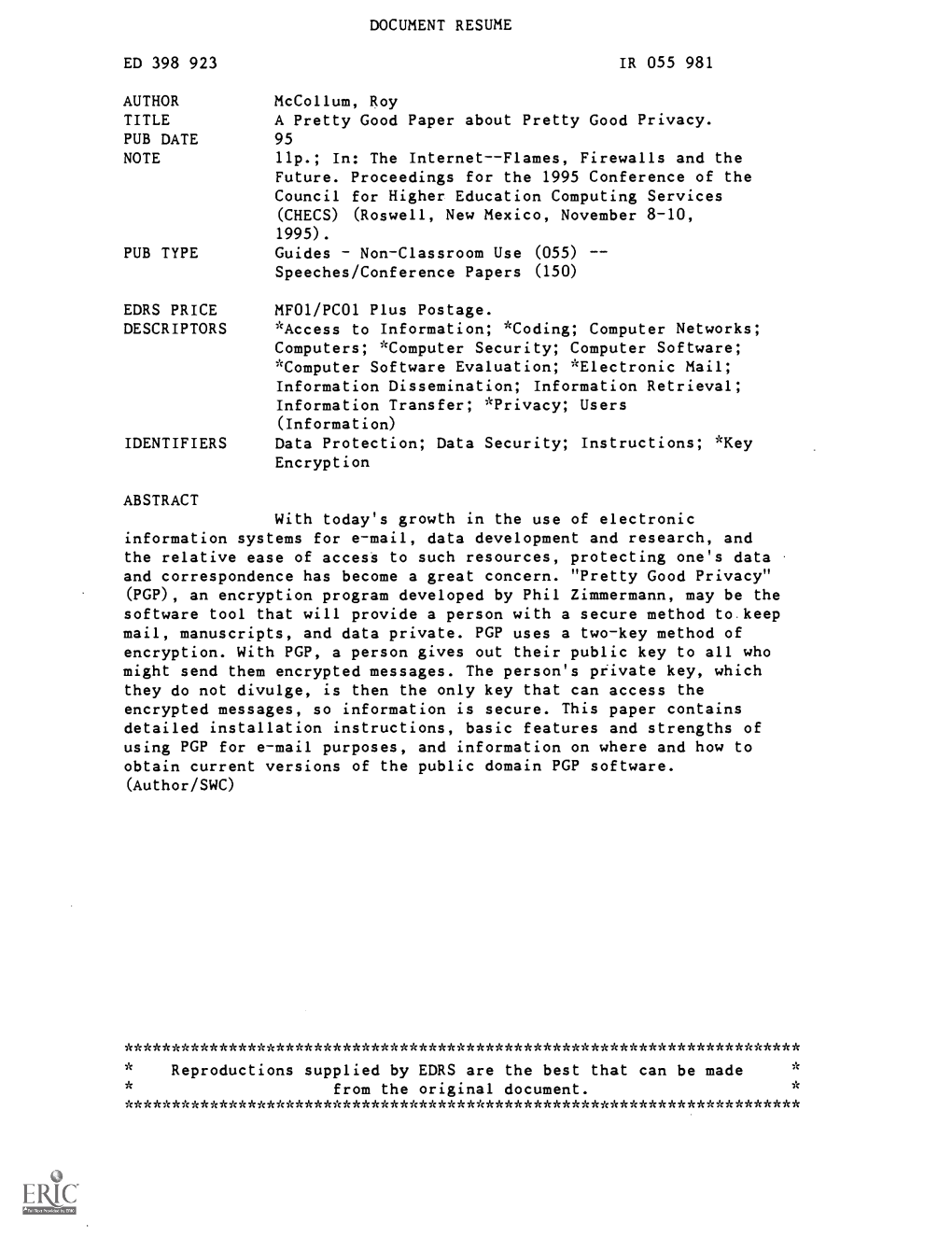 DOCUMENT RESUME Mccollum, Roy a Pretty Good Paper About Pretty Good Privacy. Llp