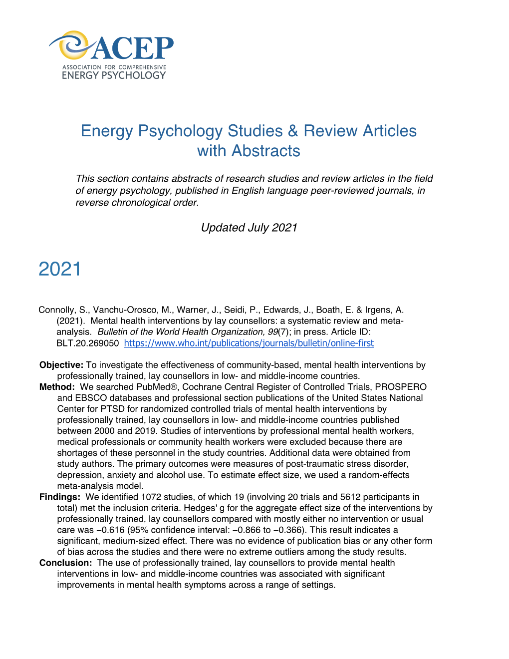 Energy Psychology Studies & Review Articles with Abstracts